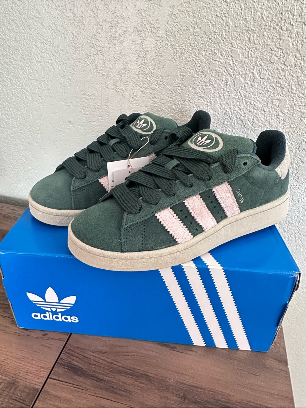 adidas Campus Women’s Suede Sneakers in Dark Green with Light Pink Stripes